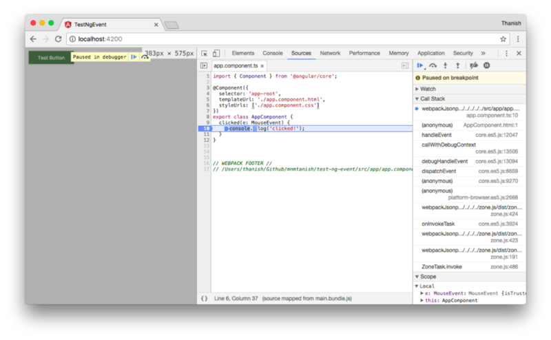Screenshot taken during the second click event emit with the stack trace